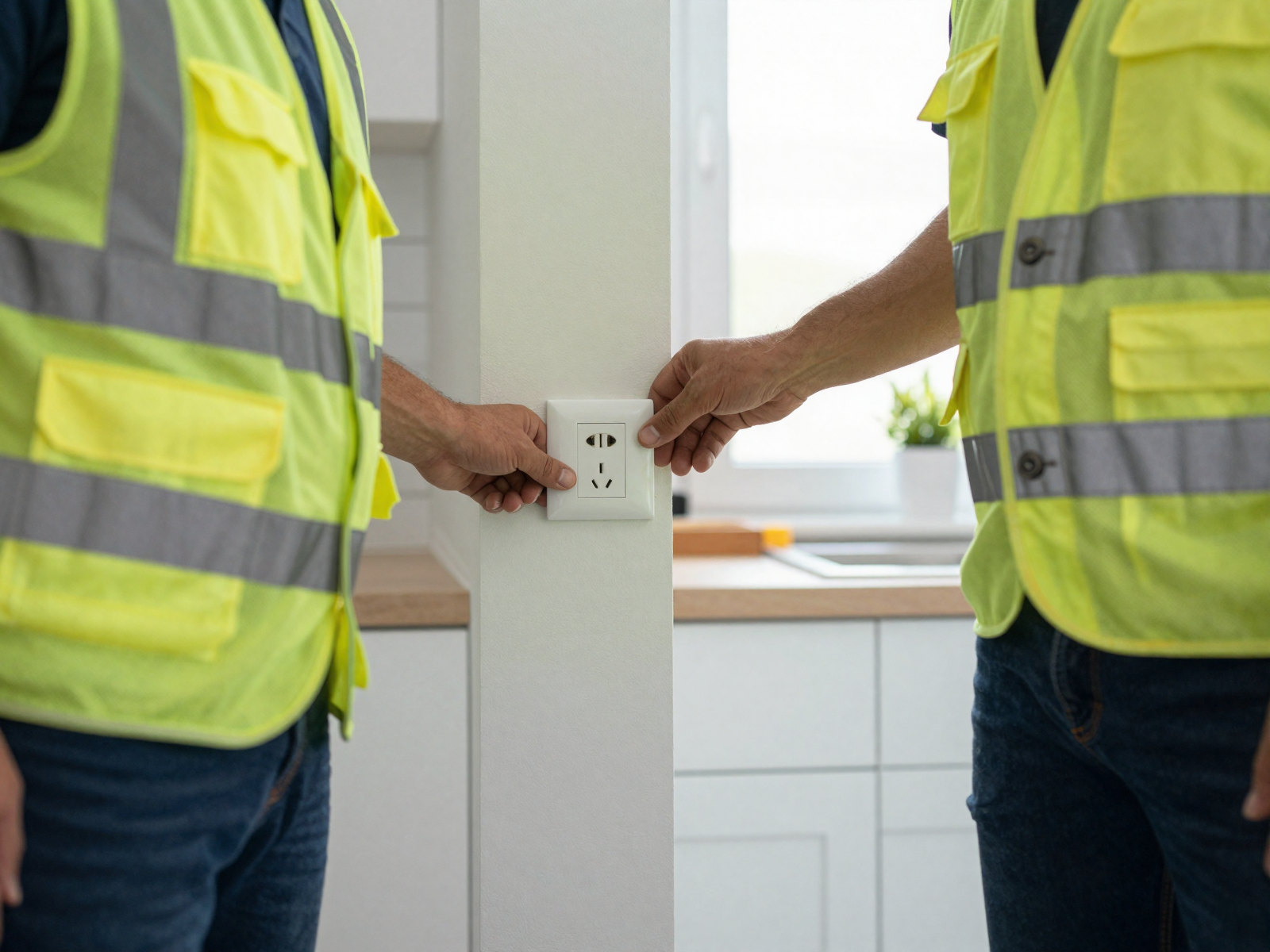Professional electrician installing electrical outlet in modern kitchen